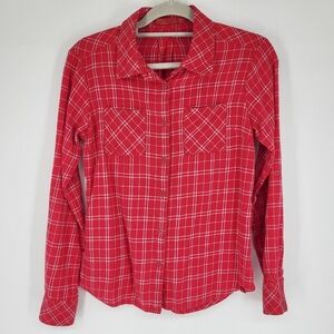 Prana Button Down Flannel Shirt Plaid Red Zip Pocket Size XS